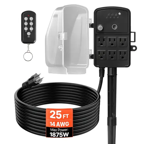 【DealsForYouDays】VEVOR Outdoor Power Stake,25FT Extension CordOutdoor Power Strip Weatherproof with CoverRemote Control Dusk to Dawn Light Timer Waterproof6 Outlets1875W/15Afor Christmas LightsGarden,summerwins,father'sdaygifts