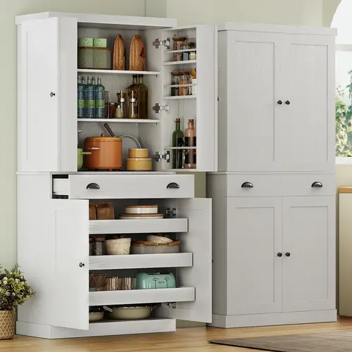 【2 Packages Shipping】IRONCK Kitchen Pantry Cabinet 72" Height, Freestanding Cupboard with Drawer, Sliding Storage Rack, and 6 Hanging Shelves for Dining Room, Laundry,dorm essentials,home decor