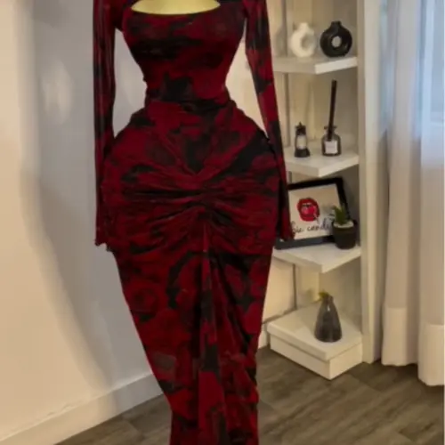 PULKRITU Women's Long-Sleeve All-Over Print Cut-Out Bodycon Knitting Dress, Elegant Evening Gown, Formal Cocktail Party Dress, Evening Party Dresses for Autumn