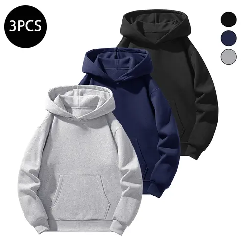 Men's 3-Piece Hoodie Set, Solid Color Polyester Pullover Sweatshirts with Long Sleeves, Regular Fit Casual Wear for Sports, Plain, Basic Tops