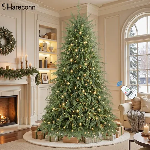 SHareconn 2026 Hinged Synthetic Norfolk Pine Artificial Christmas Tree (5.5/6.5/7.5/8/9FT), Floor Mount, Irregular Shape, Remote Control, Colorful Lights (26 Vibrant Colors), 17 Modes, PE-PVC Branches for Home Festive Decor