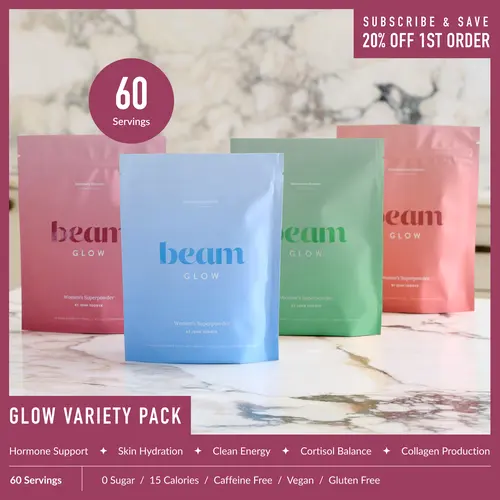 Beam Glow Superblend Beauty Vitamin Powder 4-Flavor Pack (Including Watermelon) - Caffeine-Free Collagen Dietary Supplement Drink, 60 Servings (15 Servings per Flavor) for Women’s Hormone Balance, Skin, Hair, Nail Support (10 Calories Each)｜Back to school