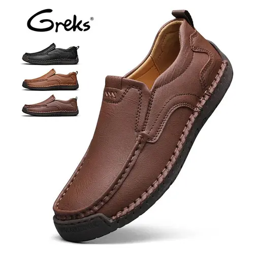 GREKS Men's Comfortable Flexible Classic Easy Dark Brown Slip-On Loafers - Handmade Stitching, Elegant Plain Round Toe, Simple Design Casual Slip-Ons & Flat Shoes for Daily Wear Walking, Flexible Loafers