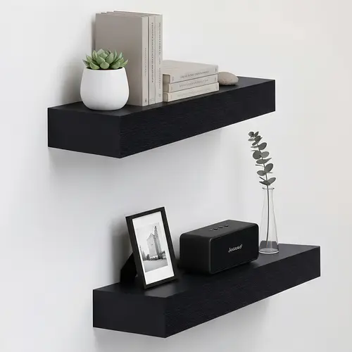 Spaco Black 2-Shelf B-Style Hanging Particle Board Floating Shelves (18.11in) - Invisible Brackets, Wall-Mounted Organizer, Easy Installation, Room Accessories, Aesthetic Room Decor, Above Toilet Storage, 2-Layer Soap Dish