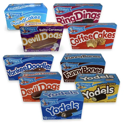 Drake's Snack Cakes Multipack Box, Featuring Cupcakes, Yodels, Devil Dogs, Ring Dings and More