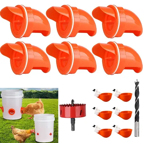 Automatic Poultry Feeding & Watering Kit - Backyard Flocks Automated Tools with Rat Stopper Caps, 6 Feeder Ports, 6 Waterer Cups, 1 Hole Saw+Drill Bit, Adjustable Height, Gravity Feed, Rainproof Hood, Mess-Free No Waste, DIY Bucket Setup