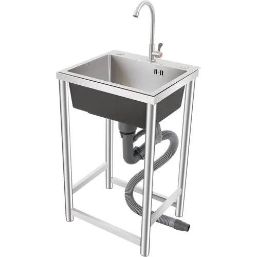 Stainless Steel Single-Bowl Kitchen Sink - Freestanding, Portable, Easy to Clean, Stain-Resistant, Water-Saving, Noise-Reducing with 360° Swivel Faucet, Strainer Basket, Kitchen Counter Fixtures for Home Laundry Rooms, Commercial Use (Simple Installation)
