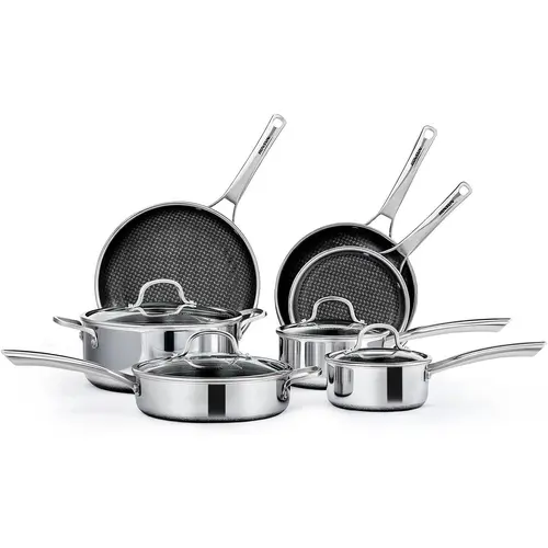 ROVSUN 10/11 Pcs Non-Stick Cookware Set, Stainless Steel Pots and Pans Set with Lids, Non-Toxid Kitchen Set Chef's Pan, PFOA & PTFE Free, Compatible for All Cooktops