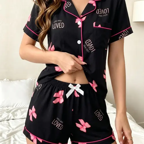 Summer Women's Sleepwear 2-Piece Set, Pajama Set, Lounge Pjs Set, Wearable Short Sleeve Shorts, Casual Fashion Cute Home Clothes, Casual Fitted Nightwear, Fitted Style, Nightwear Outfit