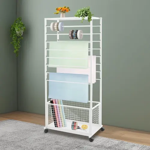 16-Tier Modern White Metal Ribbon Organizer Rack with Lock Wheels, Stable on Uneven Surfaces, Crossbar Slots, Adjustable Double-Sided Standing Shelf for Ribbon Storage, Craft Room Use