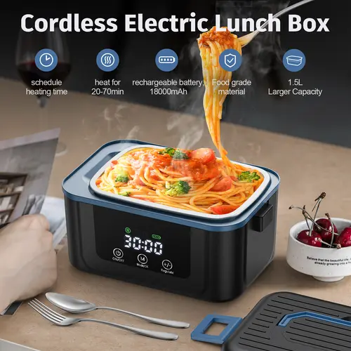 Cordless Heated Lunchbox - 1.4L Large Capacity Silicone Container, 18000mAh Battery, Scheduled Heating, Leakproof Insulated Bento Set, BPA-Free Portable Stainless Steel Kit with Ice Pack, Reusable Steel Tableware for Truck Drivers, Fishing