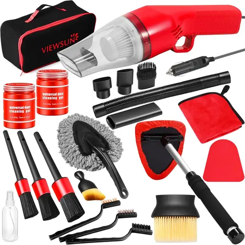 【summerfinds】Viewsun 17PCS Car Cleaning Kit, Car Interior Detailing Kit with Red High Power Handheld Vacuum, Detailing Brush Set, Windshield Cleaner, Cleaning Gel, Complete Auto Accessories for Women，Summervibes