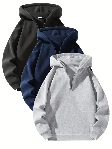 Men's Essentials Half-Zip Long Sleeve Hoodie - Plain, Comfortable, Loose Drop Shoulder Relaxed Fit Men’s Clothes, Casual Streetwear Pullover for Autumn, Modern Stylish Menswear Top, Plain Men's Sweatshirts,summerwins,father'sdaygifts