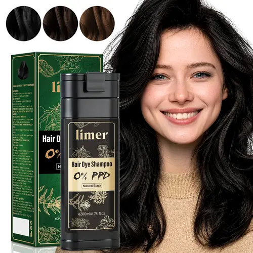 Limer 6-in-1 PPD-Free Hair Dye Shampoo - Ammonia-Free, Gentle Haircare, Anti-Gray Semi-Permanent Plant-Based Botanical Color, Adults-Focused, Natural Black, At-Home Easy Application, Gray Coverage