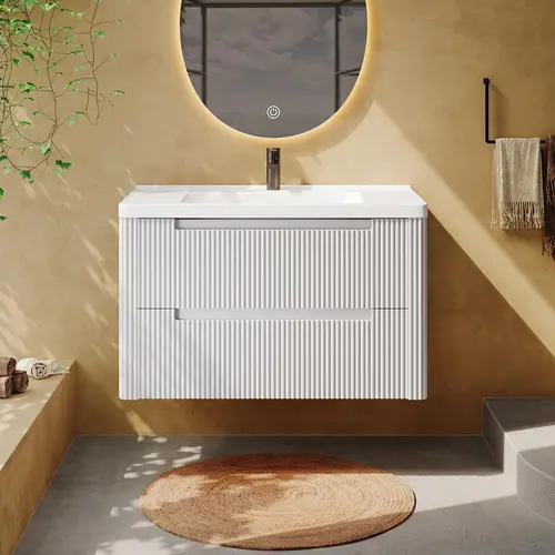 【SohoChic】ONBRILL Modern Bathroom Vanity with Sink Combo, Curved Floating Bath Vanity with 2 Soft Close Drawer, Wall Mount Bathroom Vanities with Integrated Ceramic Sink for Small Space, Apartment