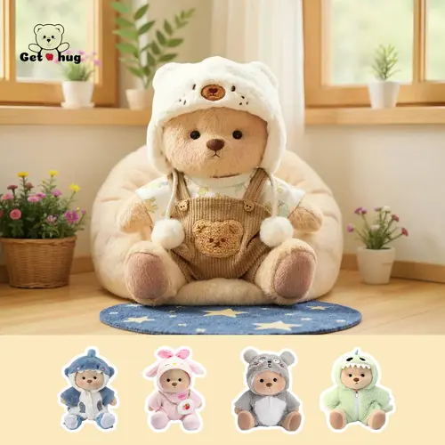 Getahug 12-inch Teddy Bear Plush Toy | Perfect as a gift for girls or girlfriends, full of summer vibes, comes with interchangeable outfits: plush hat, blue shark, pink dinosaur, plush elephant, and heart-shaped sweater. Medium. Build-A-Bear
