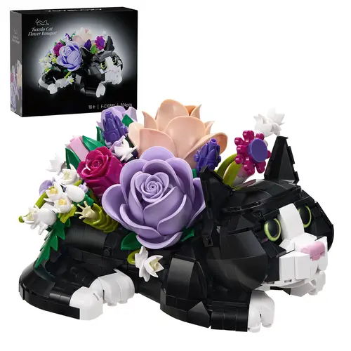 Cat Flower Bouquet DIY Building Set, Adorable Floral Block Kit for Cat Lovers, Unique DIY Home Décor & Gift Idea for Pet Owners and Creative Adults