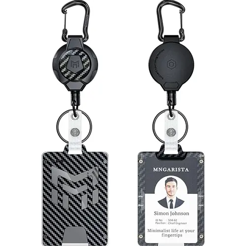 MNGARISTA Retractable Badge Holder, Carbon Fiber ID Badge Reel Strong,Retractable Clip Carabiner Keychain Key Card Holder with 4 Locking Card Point Design, Black