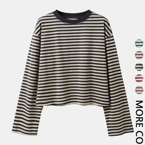 Women's Minimalist Striped Casual Loose Lounge Streetwear Long Sleeve Sweatshirt Top, Loose-Fit Kint Fabric, All Seasons Wear, Moderate Thickness