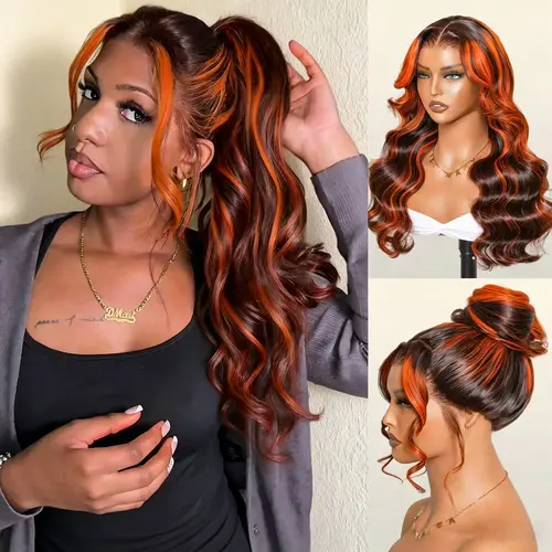 【 Salon Style at Home 】Ginger Highlights On Brown Hair 360 Lace Frontal Invisi Strap Skin Lace Invisi Drawstring Snug Fit Body Wave Human Hair Wig#summerwins