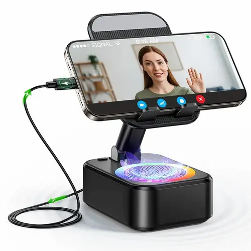 IMOLI Wireless Induction Bluetooth Speaker Phone Holder with Emergency Charging RGB Light for iPad iPhone Android Samsung 1500mAh Battery Surround Sound Perfect for Office Parties Gifts