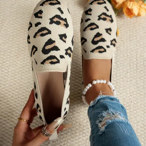 Women's Fashion Knitted Leopard Print Round Toe Casual Flat Shoes, Casual Flat Footwear, Slip On Shoes, Casual Shoes, Casual Wear Shoes, Elegant Versatile Basic Design, Comfortable Large Size, Suitable for Home and Outdoor