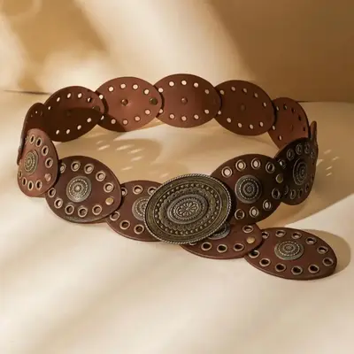 Boho Punk Vintage Hollow-Out Oval Belt for Women, Adjustable Plus Size, Perfect for Jeans & Dresses, Everyday Casual & Vacation, Adjustable Belts