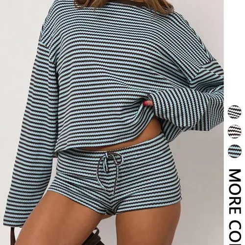 Women's Casual Striped Long Sleeve Top & Shorts Set, Comfortable and Stylish Two-Piece Set, Perfect for Daily Wear, Casual Fashion Set, Stretchy Outfit, Striped Lounge Set, Casual Chic Set, Clothes