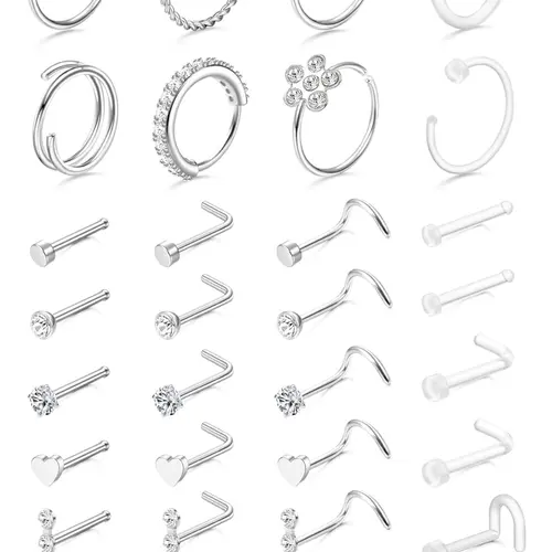 32 Pcs Unisex Nose Piercing Jewelry (18G/20G), Hypoallergenic Stainless Steel Material, Clear Retainer, Hook & L Shape & Straight & Corkscrew Design, Ideal for Nose, Cartilage, Helix and Tragus, Body Jewelry