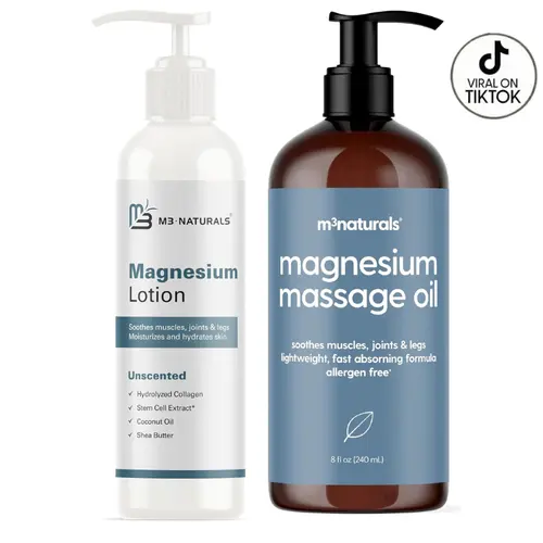 M3 Naturals Magnesium Lotion & Massage Oil Bundle - Soothing Hydrating Moisturizer, Sensitive Skin Selfcare, Organic Coconut & Shea Butter, Calm Relaxing Body Lotions & Creams, Eases Sore Muscles & Cramps, Aids Sleep