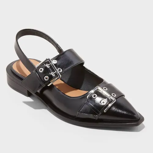 Wild Fable Women's Peyton Double Buckle Slingback Flats in Shiny Faux Leather with Memory Foam Insole & 1.25in Block Heel - Black 8 Shoe Footwear
