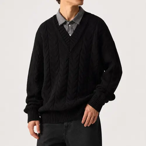 Men's Preppy Long-Sleeve Corduroy Collared Pullover Sweater - Casual Soft V-Neck Knitwear Top, 2026 Spring Retro Basic Warm Autumn Thanksgiving Gift, Black Option, Guys' Present, Cozy Retro Style