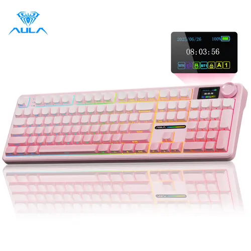 [Restock]AULA F108 Pro Pink Wireless Mechanical Gaming Keyboard, Full Size 104-Key Keyboard with Smart Screen & Knob, Tri-Mode RGB Backlit, Hot Swappable Custom Keyboard for Office and Gaming,summerwins,back to school,back to school shopping