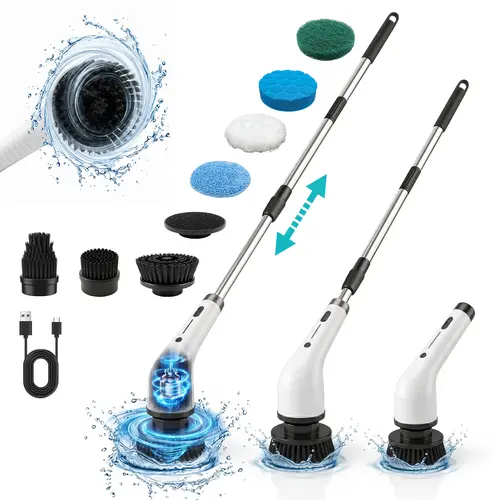 Durable Wireless Electric Spin Scrubber with Handle, IPX7 Full-Body Moisture Resistant Cleaning Brush, 4 Replaceable Heads, 3 Adjustable Extension, 2-Speed for Bathroom, Specialty Kitchen Use