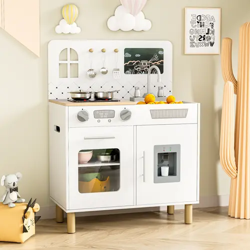 Arlopu Wooden Kids Play Kitchen Set with Real Lights & Sounds, Interactive Pretend Kitchen with Knob Sounds, Sink, Water Dispenser, 6 Pcs Cookware & Chalkboard Panel for Toddlers and Children, summerwins