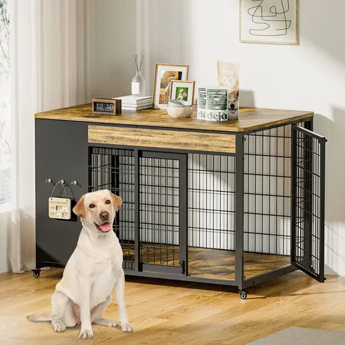ZZWHOM 42-Inch Double Wide Wooden Double-Door Dog Crate Side Table Combo - Heavy-Duty DIY Assembly, Chew-Resistant Construction, Indoor Living Room Functional Home Decor Furniture for Large Breeds