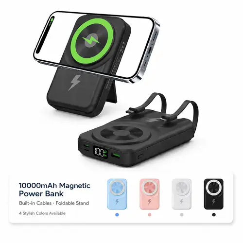 10000mAh Magnetic Wireless Power Bank with LED Battery Display, Built-in USB-C and 8-Pin Charging Cables, Foldable Stand Portable Battery Pack, Compatible with Most Phones for Daily Travel Use,back to school,back to school haul