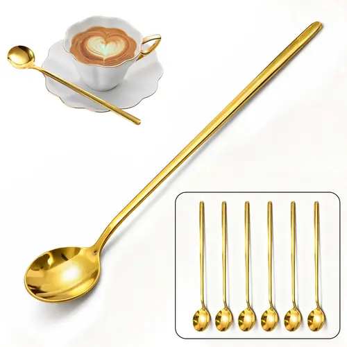 【AREL】6-Piece Thick Gold 18/10 Stainless Steel Cutlery Set - Extra-Long Handle Tableware Coffee & Tea Spoons, Dishwasher Safe, Ideal for Stirring Coffee, Enjoying Desserts
