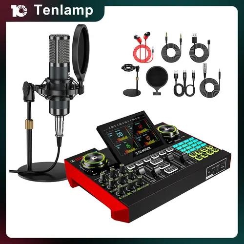 Tenlamp G10-P15 Series Audio Mixer, Live Sound Card with XLR Microphone Connector, Professional Chipset, 48V Phantom Power Supply, One Touch Noise Reduction, One Touch Voice Change for Podcast,Recording,Vocal,Game Voice