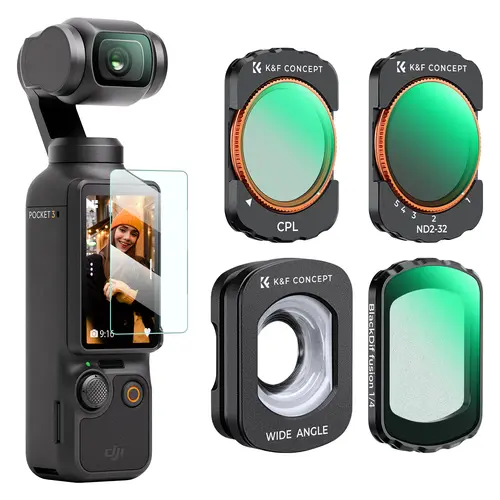 K&F Concept Magnetic Wide Angle Lens & Effect & ND & CPL Filter Set Compatible with DJI Osmo Pocket 3/XTRA, 4 Pack Wide-Angle Lens CPL Black Diffusion 1/4 ND2-32 Filters, HD Optical Glass/Multi-Coated, Photographic Kit, Hydrophobic Coating
