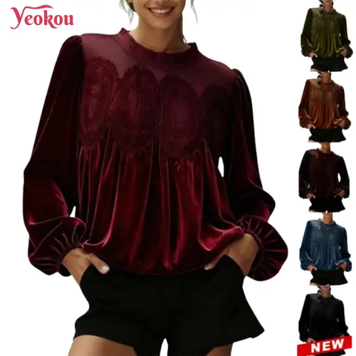 Yeokou Women's Elegant Bohemian Knit Blouse - Long Sleeve Crew Neck, Velvet Lace Trim, Flared Swing, Office-to-Party, Machine Washable, Vintage Retro Style