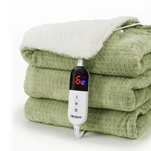 BLUNIQUE Heated Electric Waffle Sherpa Fleece Blanket Fast Heating 6 Levels 4H Auto-Off ETL-Certified Premium Waffle Sherpa Electric Blanket Automatic Wearable Heated Blanket Home