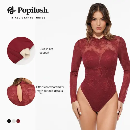 ​​Popilush Deep V-Neck Long Sleeve Bodysuit - Sheer Lace Turtleneck with Built-in Bra & Tummy Control​ Casual Womenswear Essential Breathable