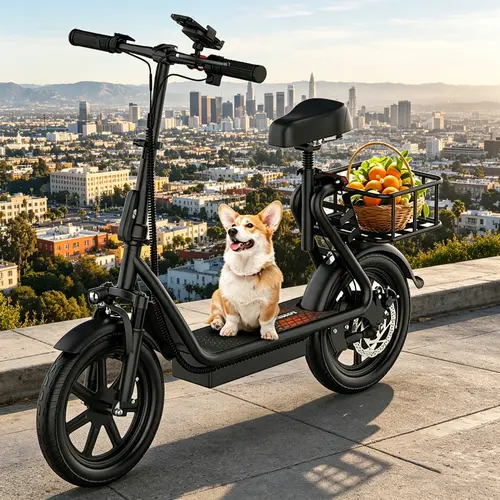 Foldable Electric Scooter with Seat and Basket - 500W Peak Motor, 48V/10.4Ah Rechargeable Battery, LED Headlight, Rear Disc Brakes, Dual Shock Absorbers, Adjustable Height, Customizable Size, 22MPH Max Speed, 28Miles Max Range