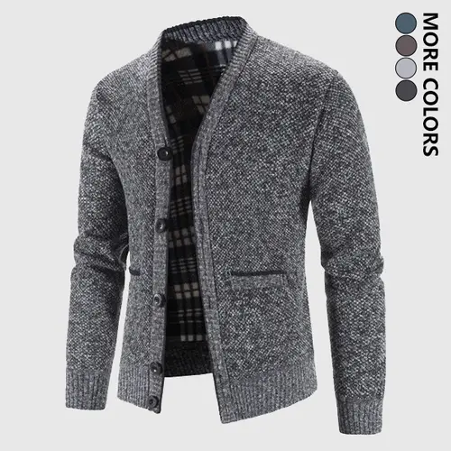 Men's Thermal Fleece-Lined V-Neck Cardigan, Warm Winter Knitwear, Longsleeves Casual Regular-Fit Solid-Color Top with Durable Button Closure