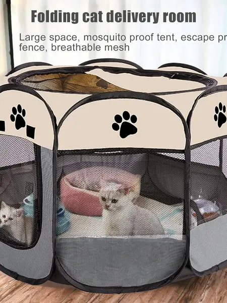 Portable Pet Playpen, Puppy Pet Playpen Indoor for Small Dogs Tent Crates Cage Outdoor, Portable Pop Up Dog Kennel Playpen with Carrying Case for Dogs/Cats/Rabbits, Removable Zipper Top, Grey