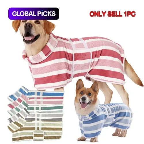 Quick-Drying Dog Bathrobe Supplies, 1-Piece Striped Clean Pet Bathrobe with Adjustable Belly Band, Super-Absorbent Soft Fabric, Machine Washable #GLOBAL PICKS