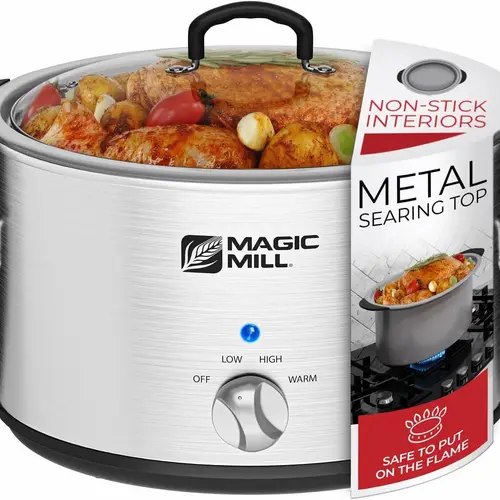 Magic Mill 10 Quart Slow Cooker Extra Large Non-Stick Metal Searing Pot with Transparent Tempered Glass Lid Stovetop Safe Dishwasher Safe Multipurpose Lightweight