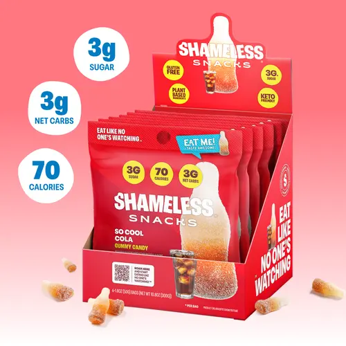 Shameless Snacks So Cool Cola Chewy Dessert Candy - Keto Snacks, Low Calorie Sweet Treat with Glycerin-Infused Vegan Chewy Gummies for Kids & Adults