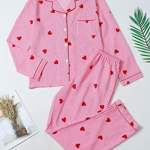 Spring & Fall Women's Sleepwear Matching Pajama Set 2-Piece Set, Long Sleeve Pants, Casual Cartoon Pattern, Fitted Home Wear, Comfortable